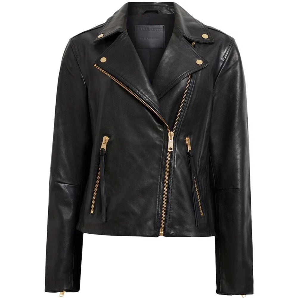 NWT Allsaints Dalby Leather Biker Jacket Black/Gold Size 6US